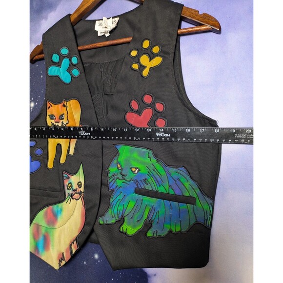 Vintage Silkscapes Cat Vest Black Silk Appliqué Whimsical Art to Wear Size S - Picture 7 of 10